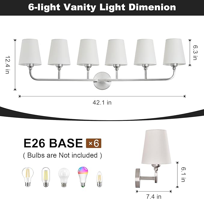 Bathroom Vanity Light, Brushed Nickel Bathroom Light Fixtures, 6-Light Lighting Fixtures Over Mirror, Modern Wall Sconce with Flared White Fabric Shade, E26 Socket(ETL Listed)