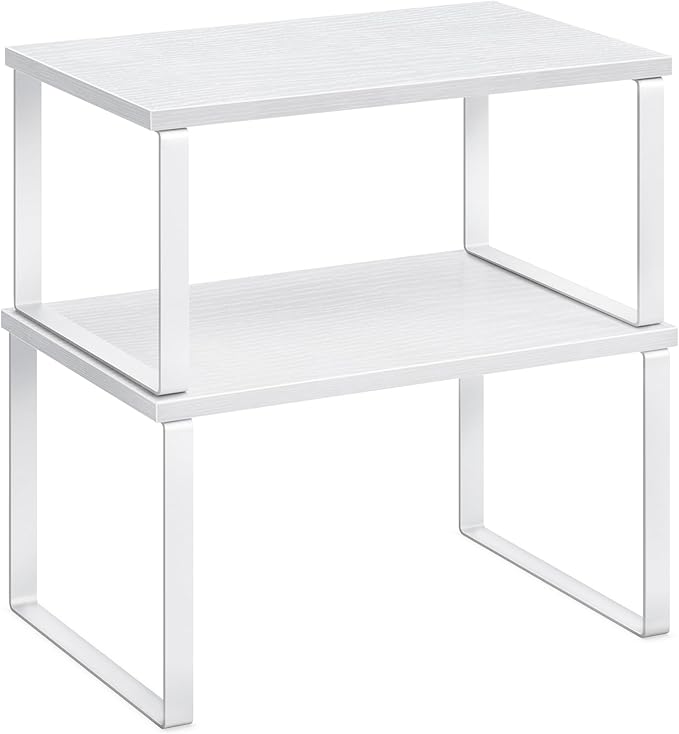 SONGMICS Cabinet Organizer Shelf, Set of 2 Kitchen Counter Shelves, Kitchen Storage, Spice Rack, Stackable, Expandable, Metal and Engineered Wood, 11.7 Inches, Cloud White and Snow White UKCS02W01