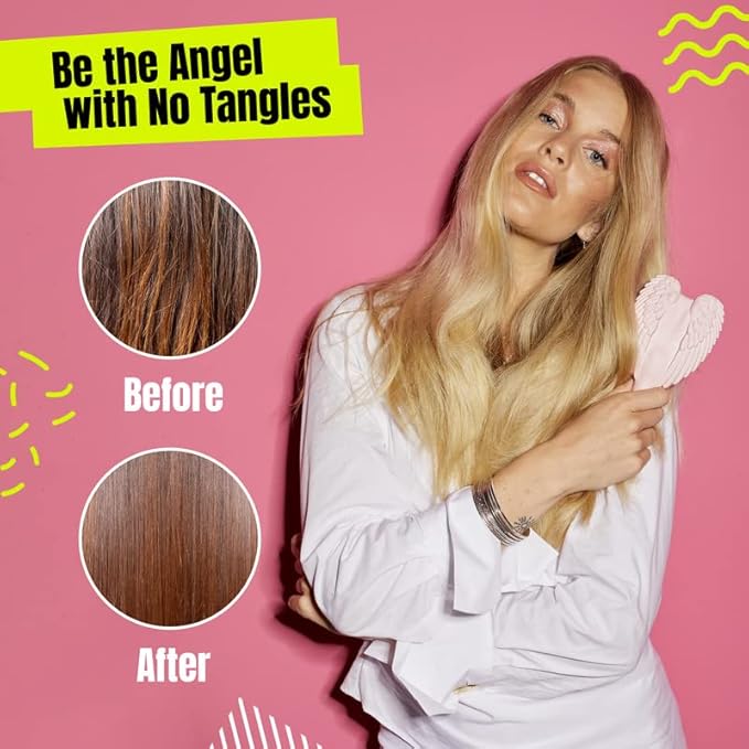 Detangling Hair Brush - Anti Static Angel Wing Hair Brush with Soft & Flexible Bristle for Straight & Wavy Hair - Tangle Angel Hair Detangler Brushes for Blow Drying & Shower - Gloss White & Pink