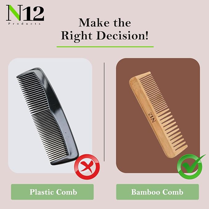 N12 Bamboo Wooden Hair Comb Set of 3 Fine & Wide Tooth Anti Frizz Detangler 17.5 cm