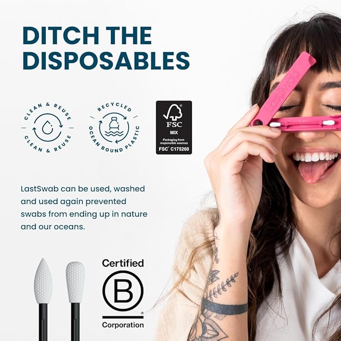 LastSwab Reusable Q-Tips for Makeup - Precision Silicone Cotton Swabs for Eyeliner, Mascara & Touch-Ups - Eco-Friendly Washable Q Tip Alternative - Zero Waste, Travel Case - Black
