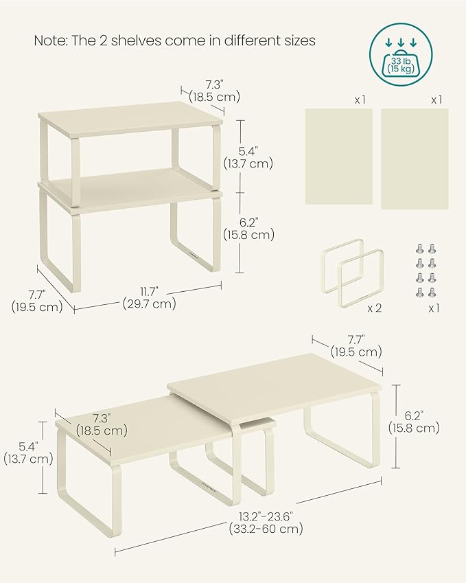 SONGMICS Cabinet Organizer Shelf, Set of 2 Kitchen Counter Shelves, Kitchen Storage, Spice Rack, Stackable, Expandable, Metal and Engineered Wood, 11.7 Inches, Cream White UKCS002W02