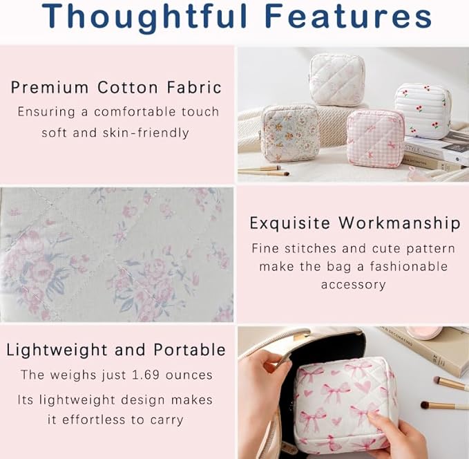 Small Quilted Cotton Makeup Bag for Purse, Cosmetic Bag with Compartments, Cotton Aesthetic Makeup Bag, Travel Toiletry Pouch, Lipstick Bag Card Holder Data Cable Organizer (13Pink Rose)