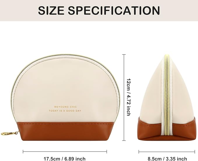 JINSI Small Makeup Bag Travel Cosmetic Bag Toiletry Zipper Pouch Make Up Organizer Bag with Handle Purse for Women Soft PU Leather Skincare Case (S01-Beige)