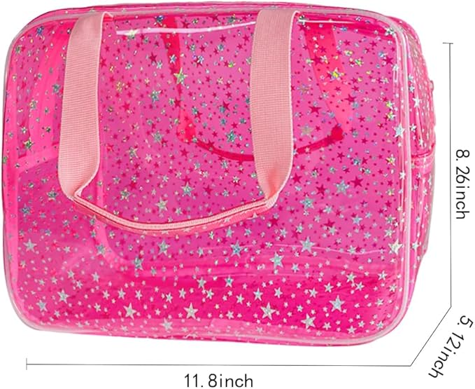 TotePrint Hot Pink Star Large Cosmetic Bag 12x5x8 inch Travel Pouch with Handle,Durable PVC Material,Zipper Design-Ideal for Makeup,Travel Essentials