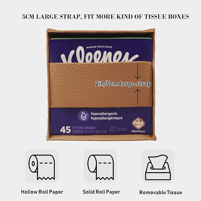 Tissue Box Cover Holder Square Tissue Cube Cover PU Leather Tissue Organizer with Bottom Belt for Bathroom, Tabletop, Car, Night Stands, Office, Home, Kitchen (1, Brown)