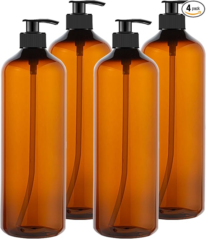 zmybcpack 4 Pack 32 OZ Empty Plastic Pump Bottles, Amber Shampoo Bottles