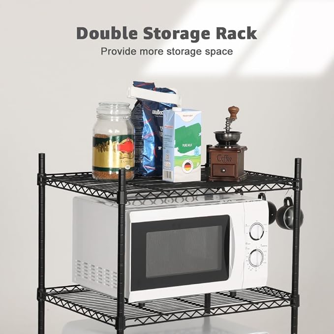 LUCKUP Mini Fridge Shelf 2-Tier Height Adjustable Mini Fridge Stand with Storage for Dorm Space Saving, Metal Microwave Organizer Shelf for Kitchen Room Apartment, Black