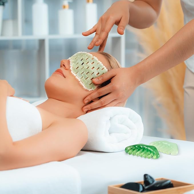 4 Pcs Jade Eye Mask and Hair Comb Set Green Jade Stone Eye Mask White Facial Cooling Set Resin Guasha Scalp Comb Facial Massage Tool for Relax Alleviate Puffiness Esthetician Supply (Fresh Color)