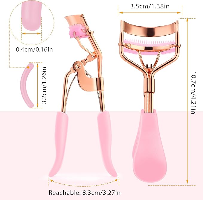 Beauty Eyelash Curler Stainless Steel Eye Lash Curler with 10 Silicone Refill Pads Professional Makeup Tool with Built-in Comb for Women Girls Any Eye Shapes