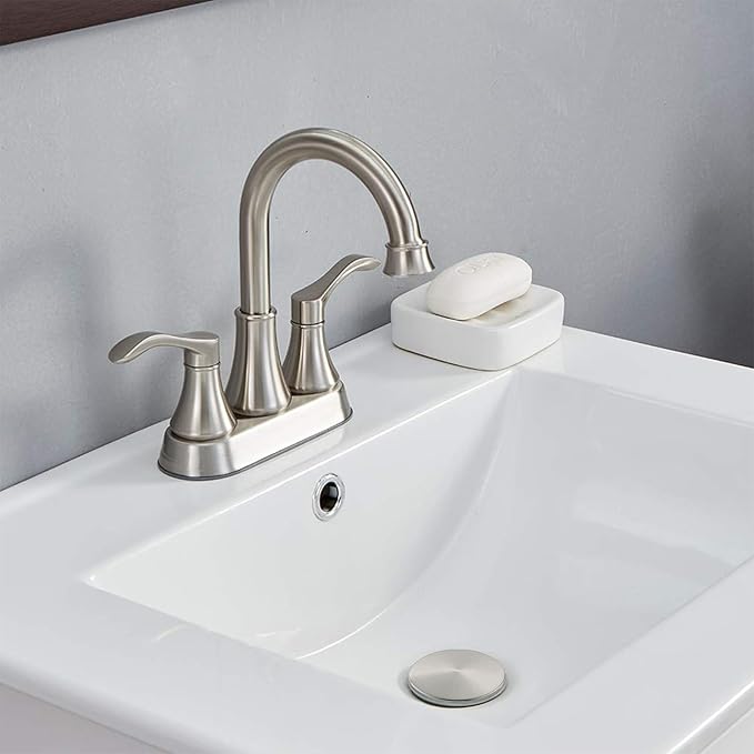 Lead-Free Commercial 2-Handle Brushed Nickel Bathroom Sink Faucet, 360° Swivel High-Arc Spout 4 Inch Centerset Lavatory Vanity Faucets Set for Bathroom Sink with Drain & Water Hoses, VLS10003BML-1