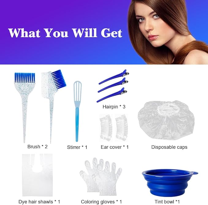 MOONMINI Hair Dye Color Brush and Bowl Set, Color Bowl Brushes Tool Mixing Bowl Kit Tint Comb for Hair Tint Dying Coloring Applicator (Dark Blue&Clear)