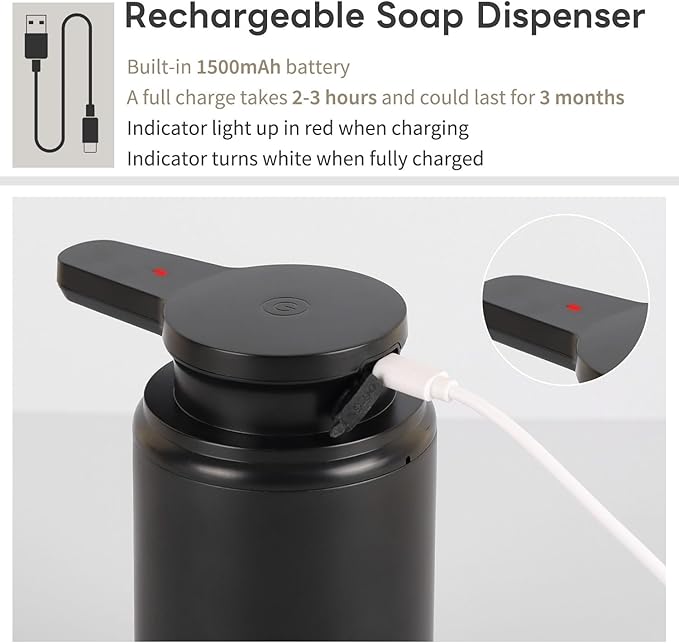 Automatic Foaming Soap Dispenser, Rechargeable Touchless Foam Hand Soap Dispenser for Bathroom, Soap Pump for Kitchen, Water-Resistant, Xmas Gift 10oz, Black
