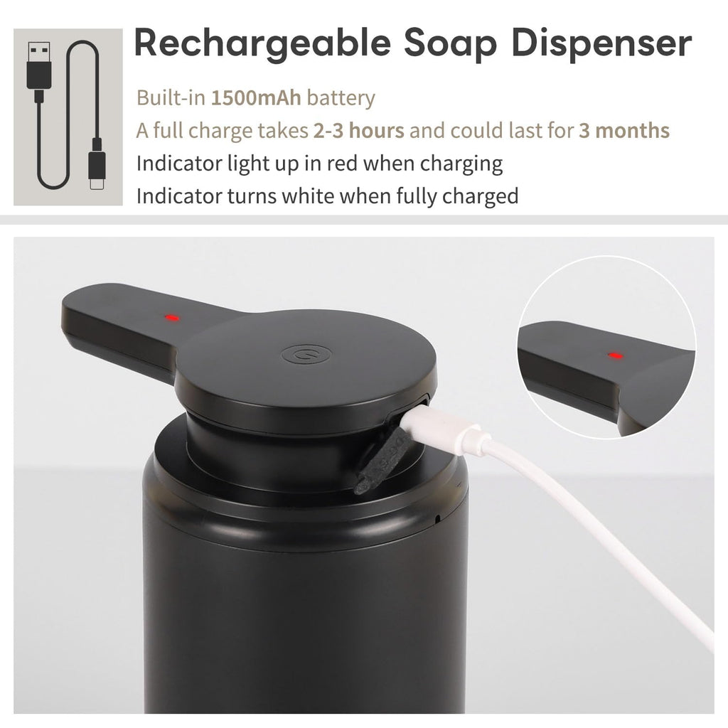 Automatic Foaming Soap Dispenser, Rechargeable Touchless Foam Hand Soap Dispenser for Bathroom, Soap Pump for Kitchen, Water-Resistant, Xmas Gift 10oz, Black