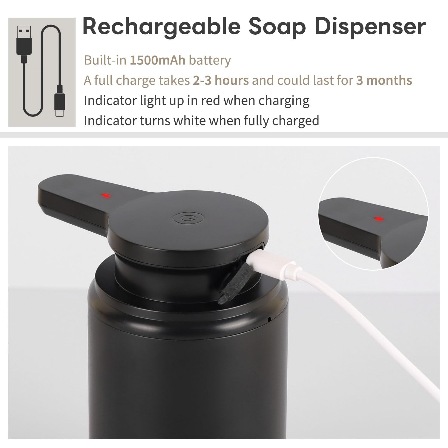 Automatic Foaming Soap Dispenser, Rechargeable Touchless Foam Hand Soap Dispenser for Bathroom, Soap Pump for Kitchen, Water-Resistant, Xmas Gift 10oz, Black