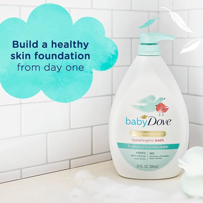 Baby Dove Sensitive Skin Care Baby Wash Fragrance Free Moisture For Baby Bath Time Fragrance Free and Hypoallergenic, Washes Away Bacteria 34 oz (Pack of 3)