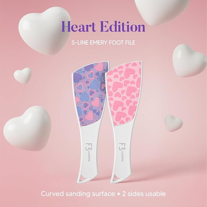 F3 Systems S-Line Emery Foot File(Pink Heart), Colossal Double-Sided Pedicure Tool, Effective for Cracked Heel, Ergonomic Design for Easy Grip