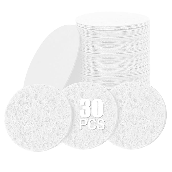 Kaufibre 30 Count Compressed Facial Sponges Mini Soft Cellulose Pads for Facial Cleansing Exfoliating Makeup Removal and Face Masks Ideal for Home and Travel