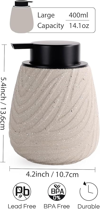 14 oz Ceramic Hand Soap Dispenser for Bathroom & Kitchen - Refillable Liquid Dish Pump with Non-Drip Design, Modern Farmhouse Style