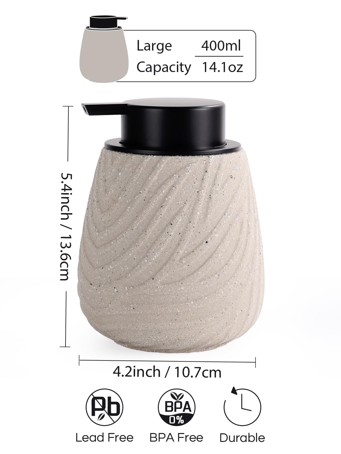 Avidanza 14 oz Ceramic Hand Soap Dispenser for Bathroom & Kitchen - Refillable Liquid Dish Pump with Non-Drip Design, Modern Farmhouse Style