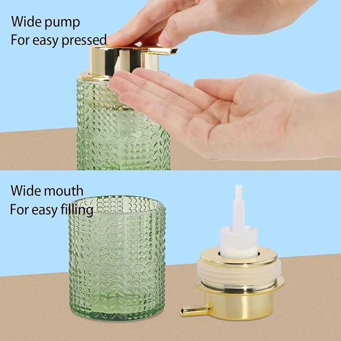 Fvstar Foaming Soap Dispenser, 10 Oz Glass Foam Hand Soap Dispenser with Gold Pump, Refillable Bathroom Lotion Container Pump Bottle with Vintage Pattern, Green