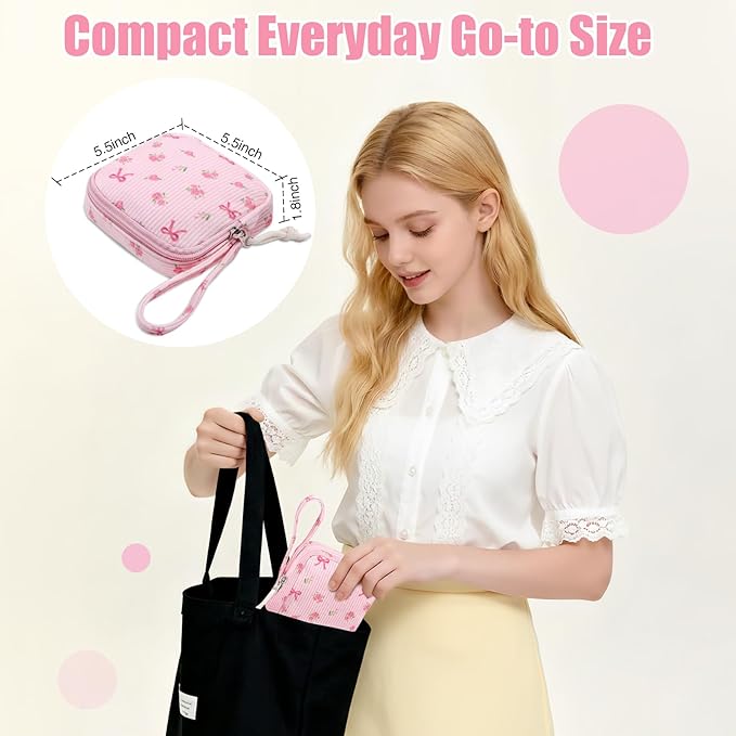 Chicarries Small Makeup Bag | Discreet Period Bag Pad Pouch for Purse| Sanitary Napkin Storage & Tampon Holder for Travel(Flower bow pink)