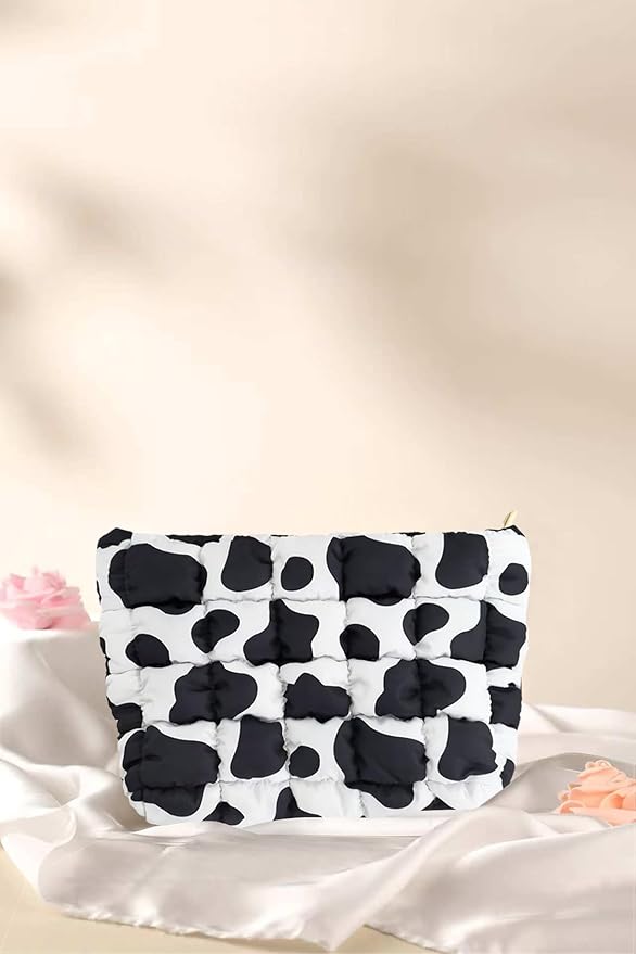 HFLZBRO Puffy Quilted Makeup Bag, Cosmetic Bag, Travel Toiletry Organizer Pouch, Clutch for Women (Cow Print)