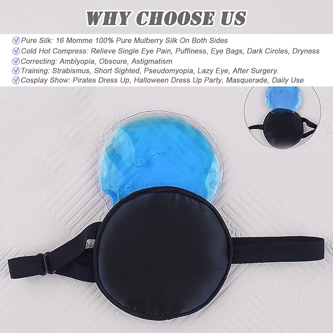 Cooling Eye Patches for Puffy Eyes, Pure Silk Ice Eye Patch, Single Eye Mask, Medical One Eye Cover Cold Hot Therapy Strabismus Lazy Eyes After Surgery Adult Kid Pirate Eyepatch (Big&Small Black)