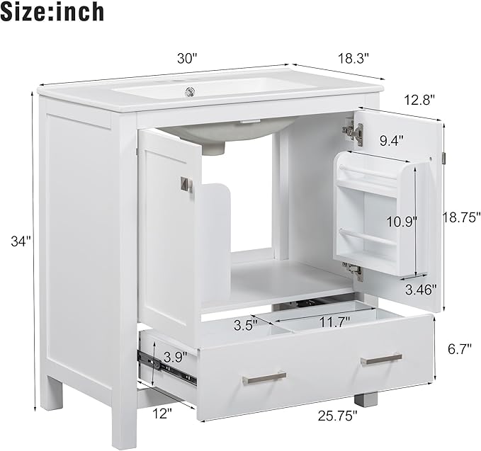Bellemave 30" Bathroom Vanity with Sink Combo Set, Solid Wood Frame Bathroom Storage Cabinet with a Drawer, 2 Soft Closing Cabinet Doors with Organizer, White
