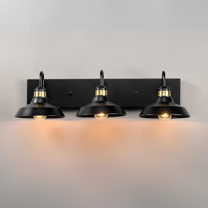 Globe Electric 63000199 24" 3-Light Vanity Light, Matte Black, Brass Accents, Exposed Bulb, Bathroom/Makeup Mirror, Wall Light