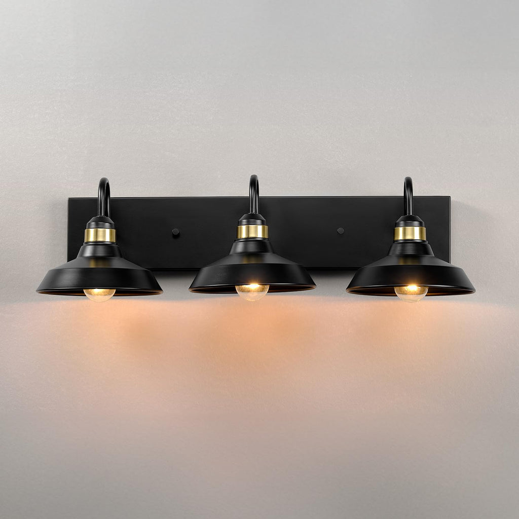 Globe Electric 63000199 24" 3-Light Vanity Light, Matte Black, Brass Accents, Exposed Bulb, Bathroom/Makeup Mirror, Wall Light