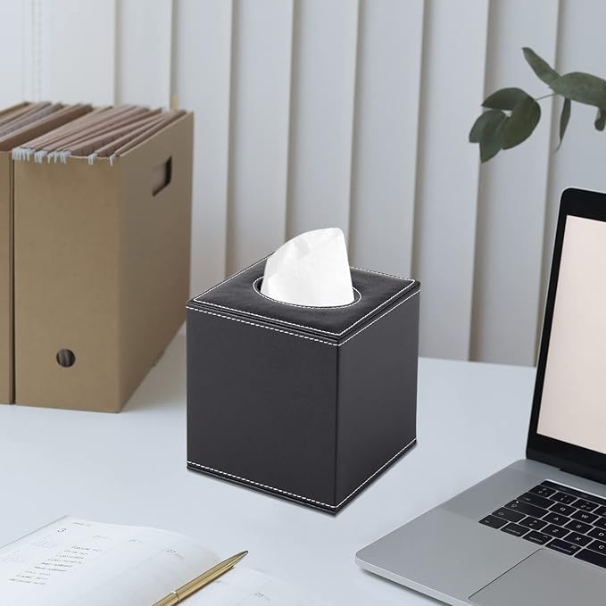 PU Leather Tissue Box Cover Square,Upgrade Large Size Napkin Holder Pumping Paper Case Dispenser,Facial Tissue Holder with Magnetic Bottom for Home Office Car Hotel Restaurant Black (Black-1)