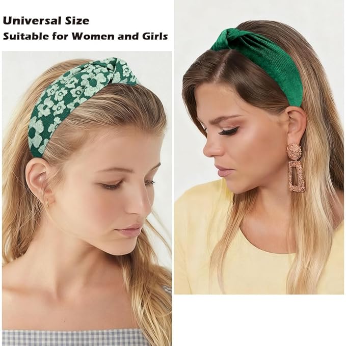 AHONEY 5 Pack Green Knotted Headbands for Women Girls Christmas Plaid Headbands Non Slip Velvet Hairbands Cute Hair Accessories Multi-style Headband Pack