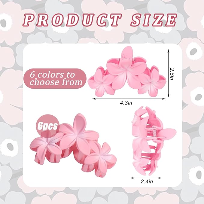 YONOY 6Pcs Flower Hair Clips for Women,Non-Slip Matte Flower Hair Clips for Women,Hawaiian Clip Large Plumeria Banana Cute Clip Beach Hair Accessories (Frosted gradient color)