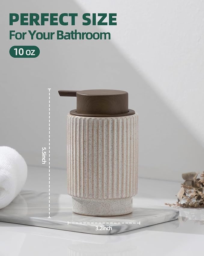 Fun Elements Ceramic Soap Dispenser, Wood Grain Plastic Soap Dispenser, 10oz Refillable Bottle for Liquid Soap - Kitchen, Sink, Bathroom