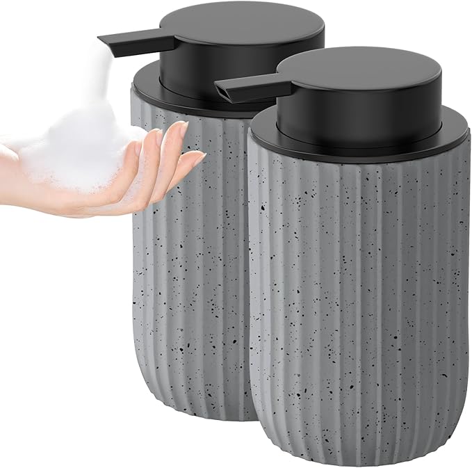 POSOSTO Ceramic Foaming Hand Soap Dispenser 2Pack，12 oz Bathroom Soap Dispensers， Lotion Dispenser for Kitchen, Refillable Matte Streaks Soap Dispenser with Large Pump (Gray-2Pack)
