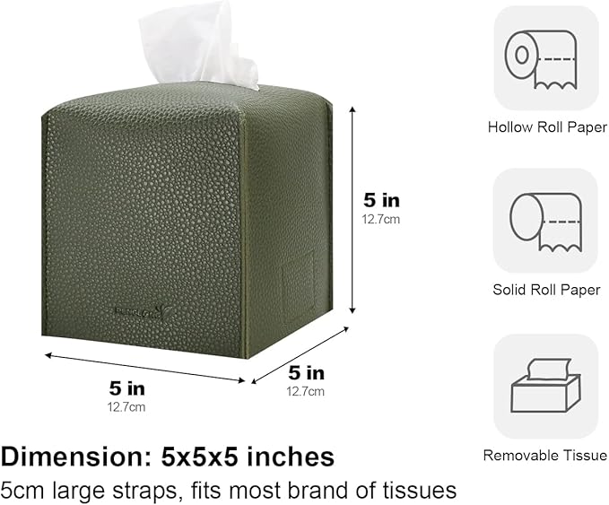 PENGLONG Tissue Box Cover 5X5X5'' PU Leather Tissue Holder Square Tissue Cube Box Organizer for Bathroom Vanity Countertop, Car, Night Stands, Office, Home, Kitchen (1Pack, Dark Green)