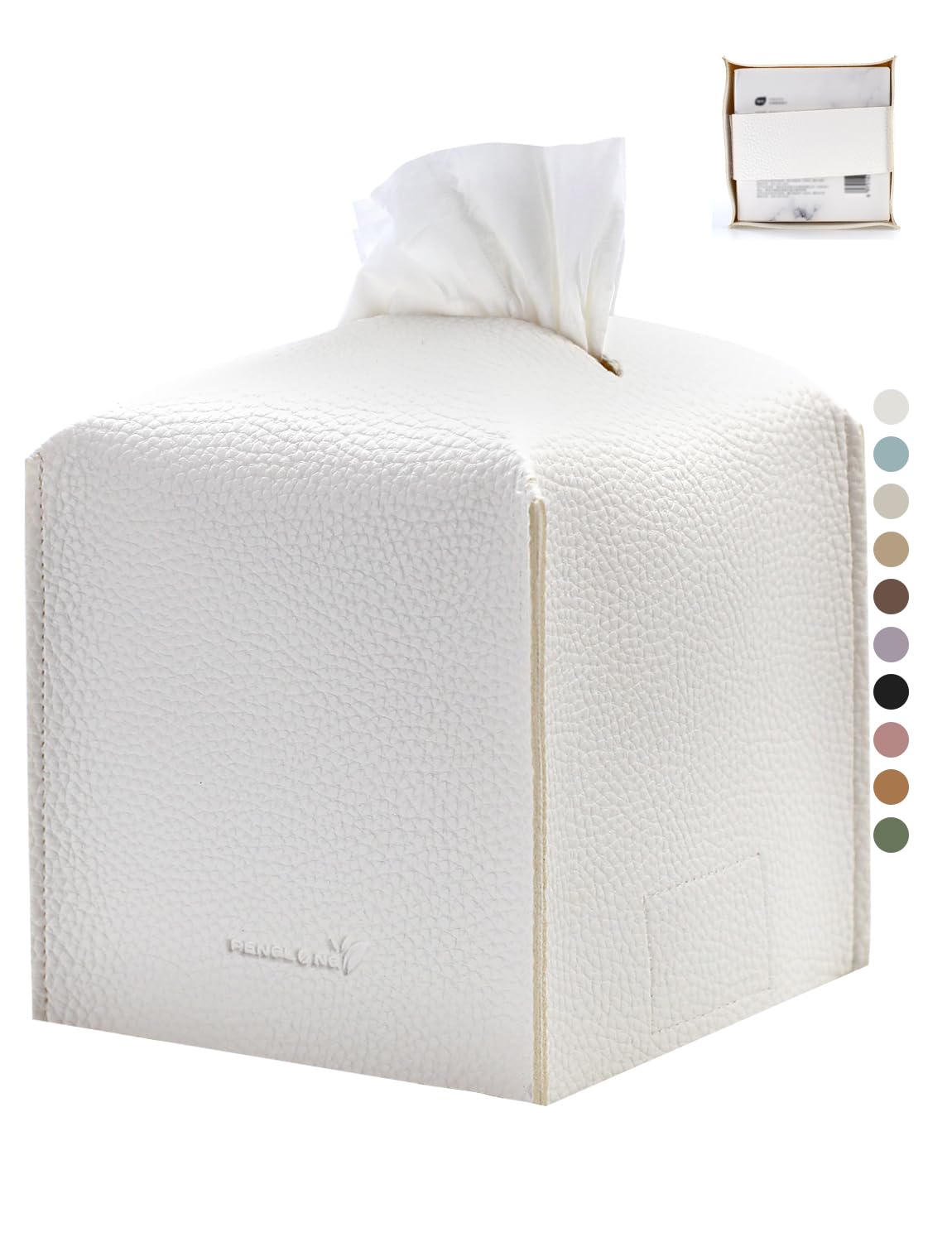 PENGLONG Tissue Box Cover 5X5X5'' PU Leather Tissue Holder Square Tissue Cube Box Organizer for Bathroom Vanity Countertop, Car, Night Stands, Office, Home, Kitchen (1Pack, White)