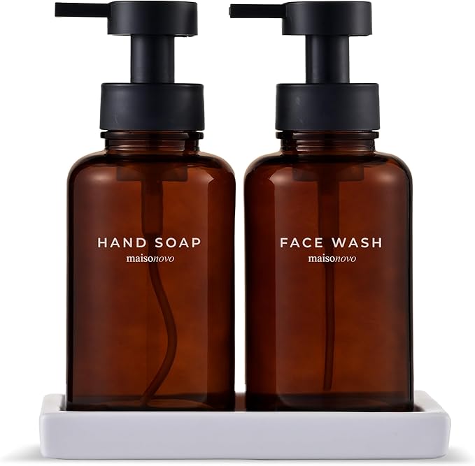 MaisoNovo Glass Foaming Soap Dispenser 14 Oz | Glass Bottles Pumps x 2 Amber with Tray