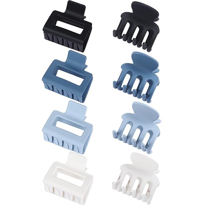 Medium Hair Clips Combination 2 Styles Small Claw Clips for Thin Hair 8 Pcs Matte Non-slip Rectangle Jaw Clips Square Hair Accessories for Women and Girls (Blue)