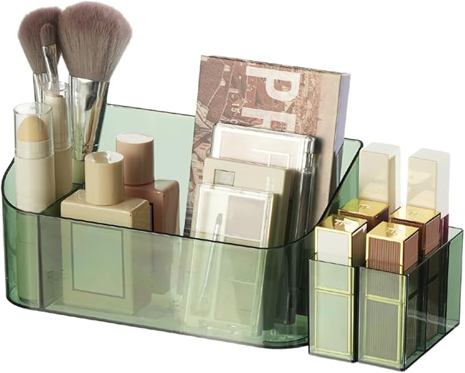 Makeup Tray Holder Organizer Cosmetic Display Case Tabletop Desktop Vanity Countertop Bathroom Wall Cabinet Medicine Storage Box 9 Dividers 2 Removable Women Ladies Girls Gifts Crystal Green 1 PACK