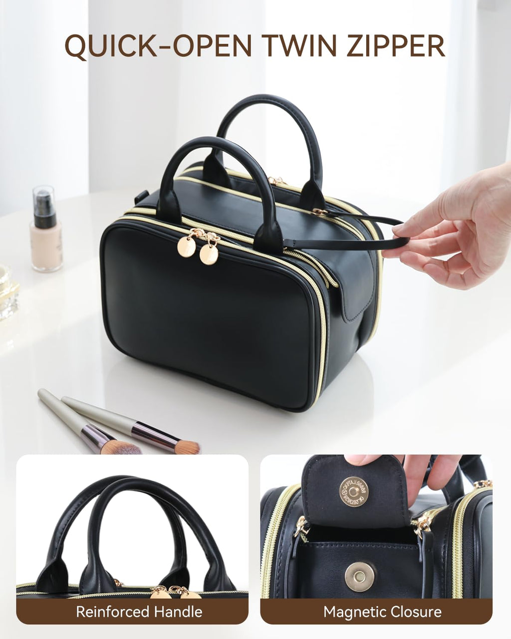 Prite Large Makeup Bag, Waterproof Travel Cosmetic Case with Brush Holder
