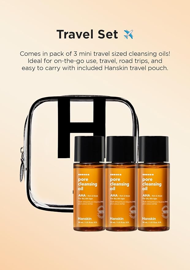 Hanskin AHA Pore Cleansing Oil for Dry Skin, Sample Trial Mini Size, Exfoliating Makeup Remover Facial Cleanser Set, Moisturizing, Korean Skincare [30 ml/Pack of 3]