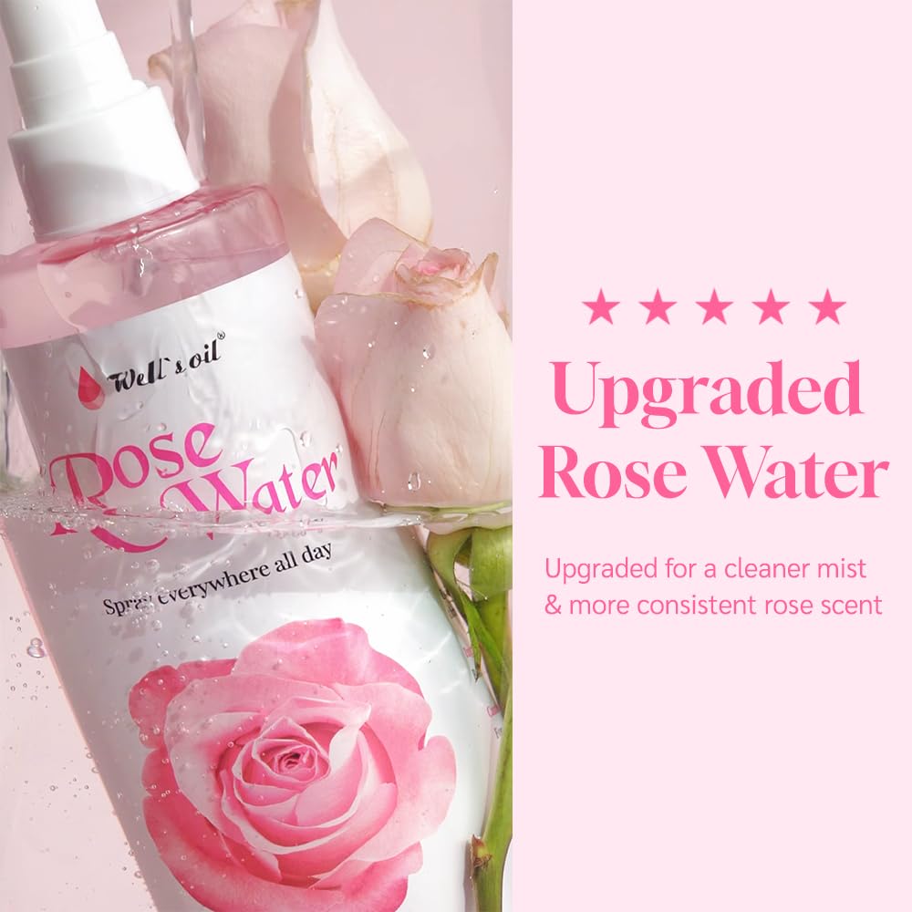Well's Oil Rosewater Face & Hair Mist Spray (2 fl oz / 59 mL) | 4-Pack | Floral Rosewater Hydrosol | Alcohol-Free