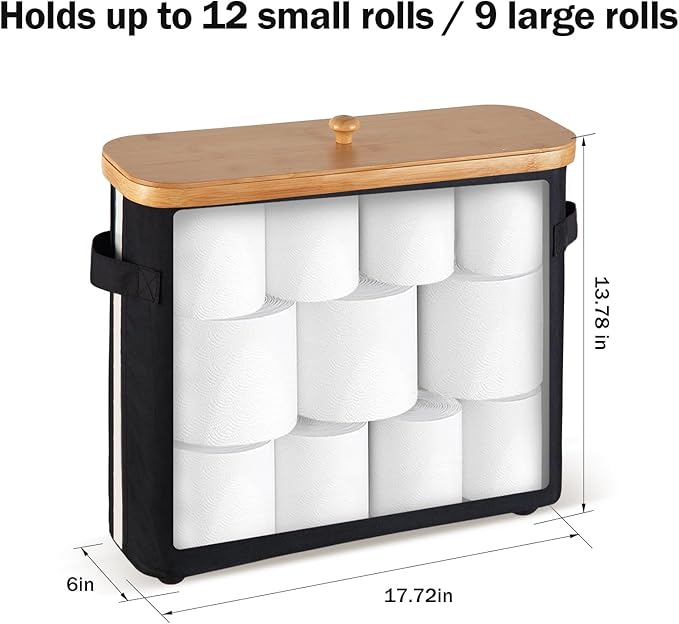 VVTHIP Bathroom Toilet Paper Storage Basket with Lid and Handle， Bamboo Collapsible Toilet Paper Holder Storage with Non-Slip Bottom,Extra Toilet Roll Storage, Black