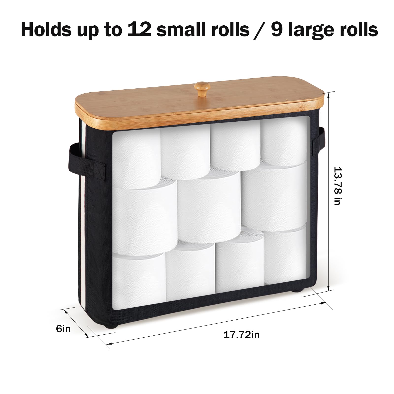 VVTHIP Bathroom Toilet Paper Storage Basket with Lid and Handle， Bamboo Collapsible Toilet Paper Holder Storage with Non-Slip Bottom,Extra Toilet Roll Storage, Black