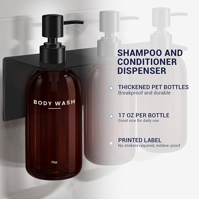 KLL Shampoo and Conditioner Dispenser - Wall Mounted Shower Soap Dispenser - 17oz No-Drill Refillable Plastic Pump Bottles for Bathroom - Includes Soap Dish & Hook (Brown)