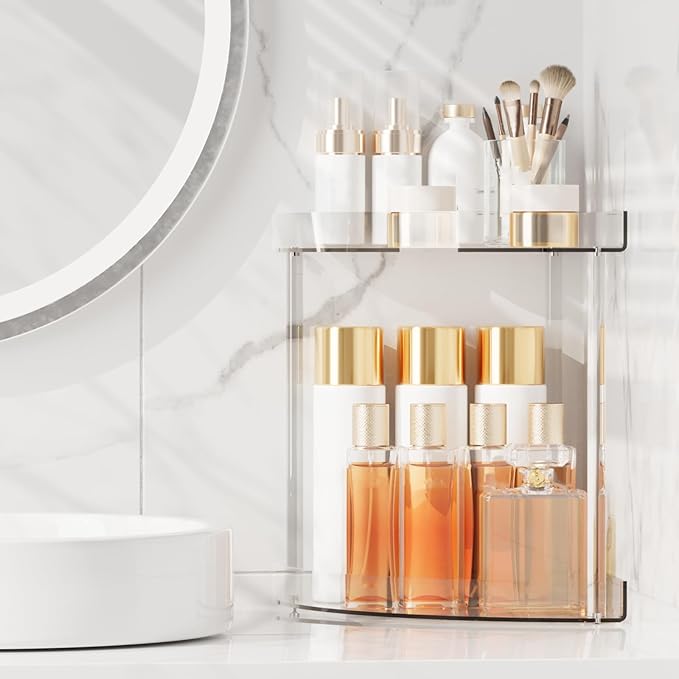 Acliys Bathroom Counter Organizer Countertop 2 Tier Storage Acrylic Corner Makeup Organizer for Makeup, Perfume, Vanity, Spice Rack, Bathroom Sink, Coffee Station(Clear)