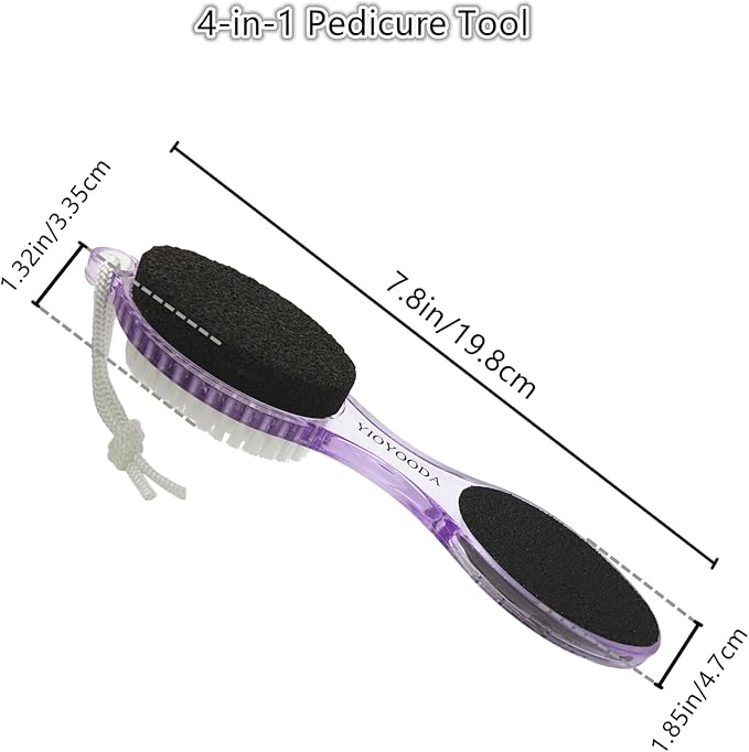 Foot File Callus Remover 4-in-1, Feet Scraper Pedicure Tools with Pumice Stone, Scrubber Brush, Foot Rasp and Sand Paper, Double Sided Multi Purpose, Clear Blue and Purple