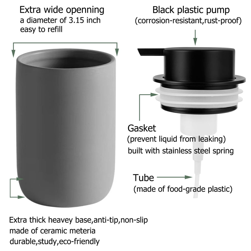 2 Pack Ceramic Foaming Soap Dispenser, Thick Black Pump Bottles, Gray